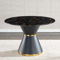 Table à manger ronde en MDF imprimé marbre noir, piètement colonnaire noir avec anneau doré (chaises non comprises)