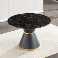 Table à manger ronde en MDF imprimé marbre noir, piètement colonnaire noir avec anneau doré (chaises non comprises)
