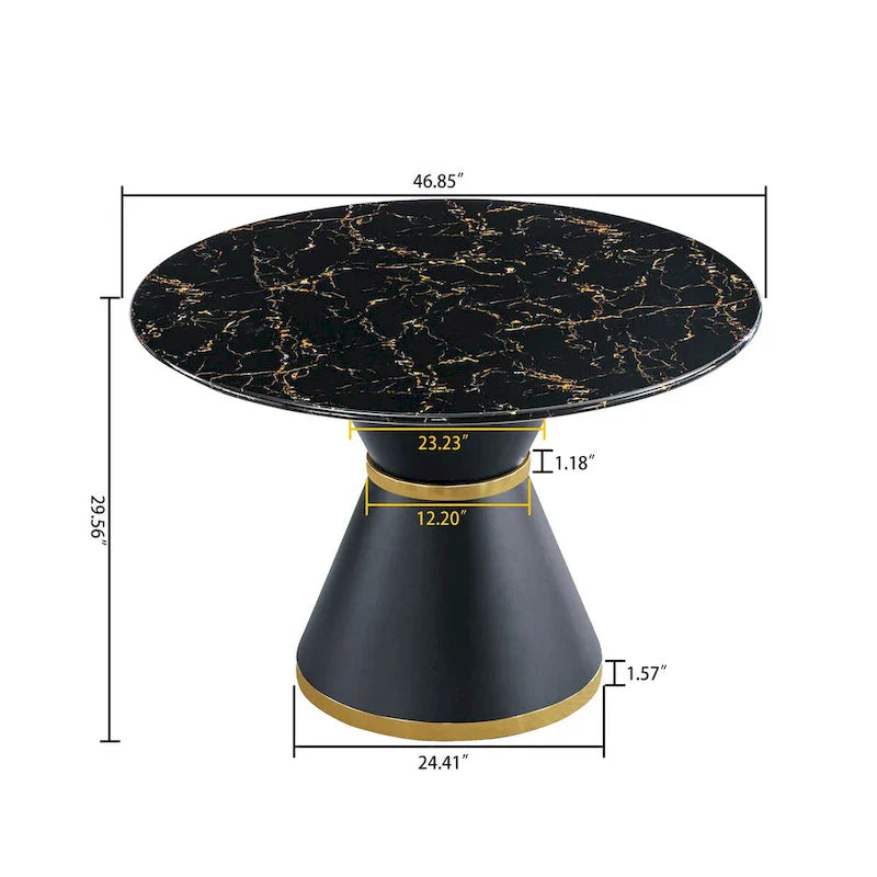 Table à manger ronde en MDF imprimé marbre noir, piètement colonnaire noir avec anneau doré (chaises non comprises)