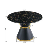 Table à manger ronde en MDF imprimé marbre noir, piètement colonnaire noir avec anneau doré (chaises non comprises)