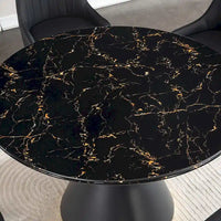 Table à manger ronde en MDF imprimé marbre noir, piètement colonnaire noir avec anneau doré (chaises non comprises)