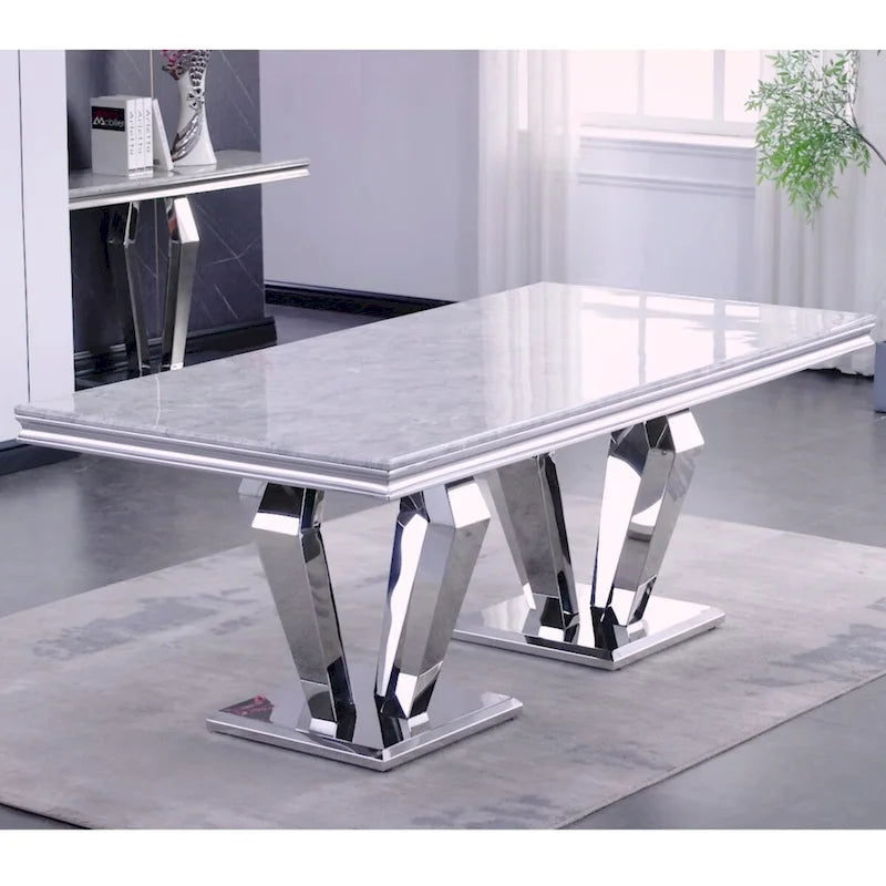 Table à manger rectangulaire de luxe de 78 pouces avec double piédestal géométrique