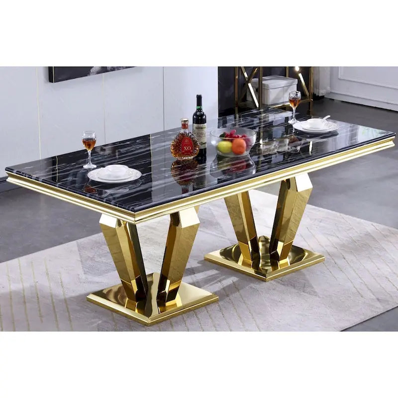 Table à manger rectangulaire de luxe de 78 pouces avec double piédestal géométrique