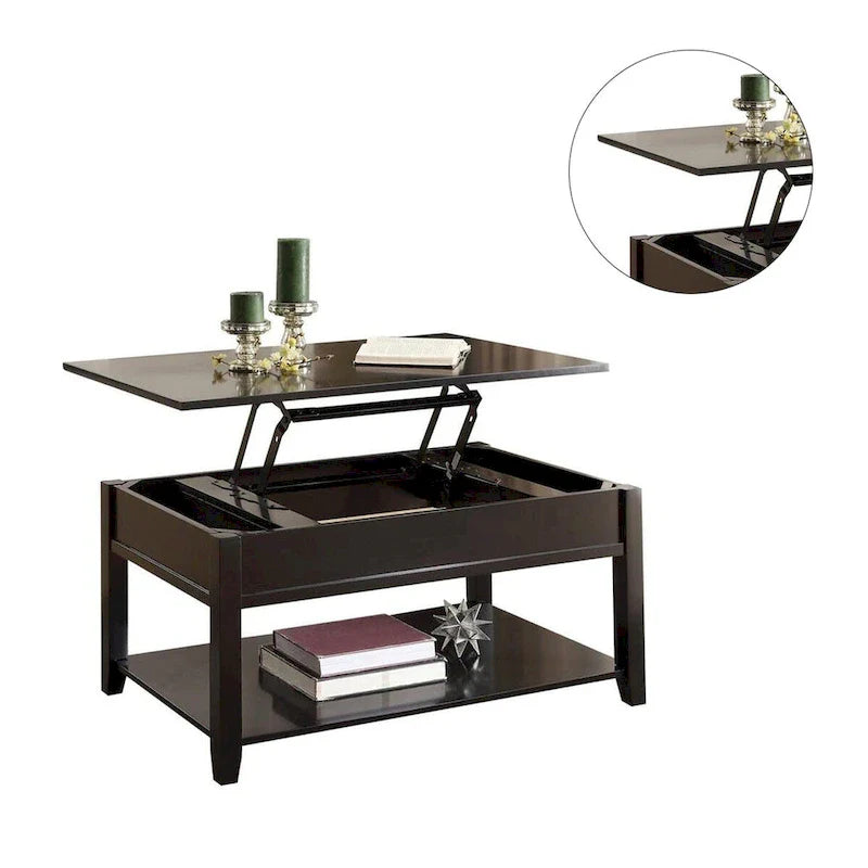 Table basse en bois avec plateau relevable, couleur noire
