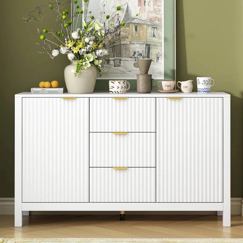 Meuble d'entrée moderne à design ondulé avec 3 étagères réglables, Console de rangement à 2 portes avec 3 tiroirs