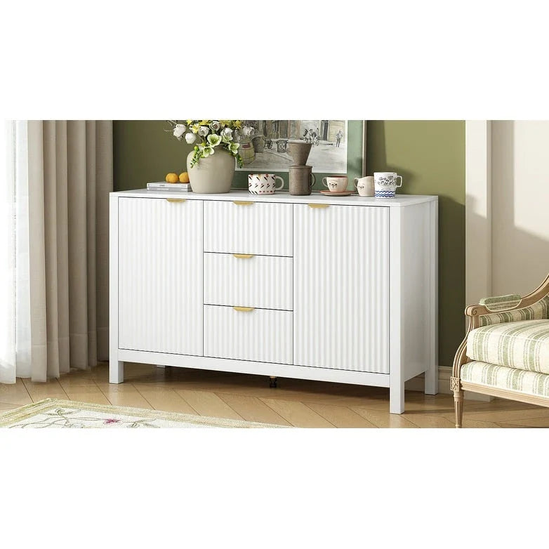 Meuble d'entrée moderne à design ondulé avec 3 étagères réglables, Console de rangement à 2 portes avec 3 tiroirs