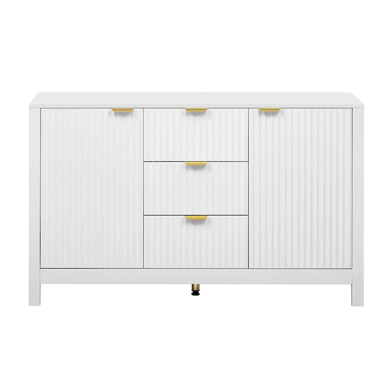 Meuble d'entrée moderne à design ondulé avec 3 étagères réglables, Console de rangement à 2 portes avec 3 tiroirs