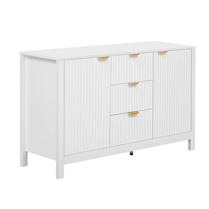 Meuble d'entrée moderne à design ondulé avec 3 étagères réglables, Console de rangement à 2 portes avec 3 tiroirs