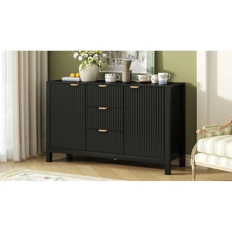 Meuble d'entrée moderne à design ondulé avec 3 étagères réglables, Console de rangement à 2 portes avec 3 tiroirs