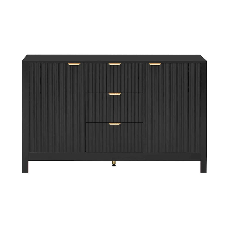 Meuble d'entrée moderne à design ondulé avec 3 étagères réglables, Console de rangement à 2 portes avec 3 tiroirs