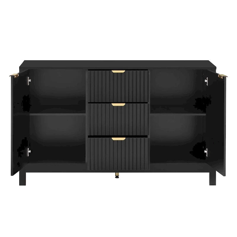 Meuble d'entrée moderne à design ondulé avec 3 étagères réglables, Console de rangement à 2 portes avec 3 tiroirs