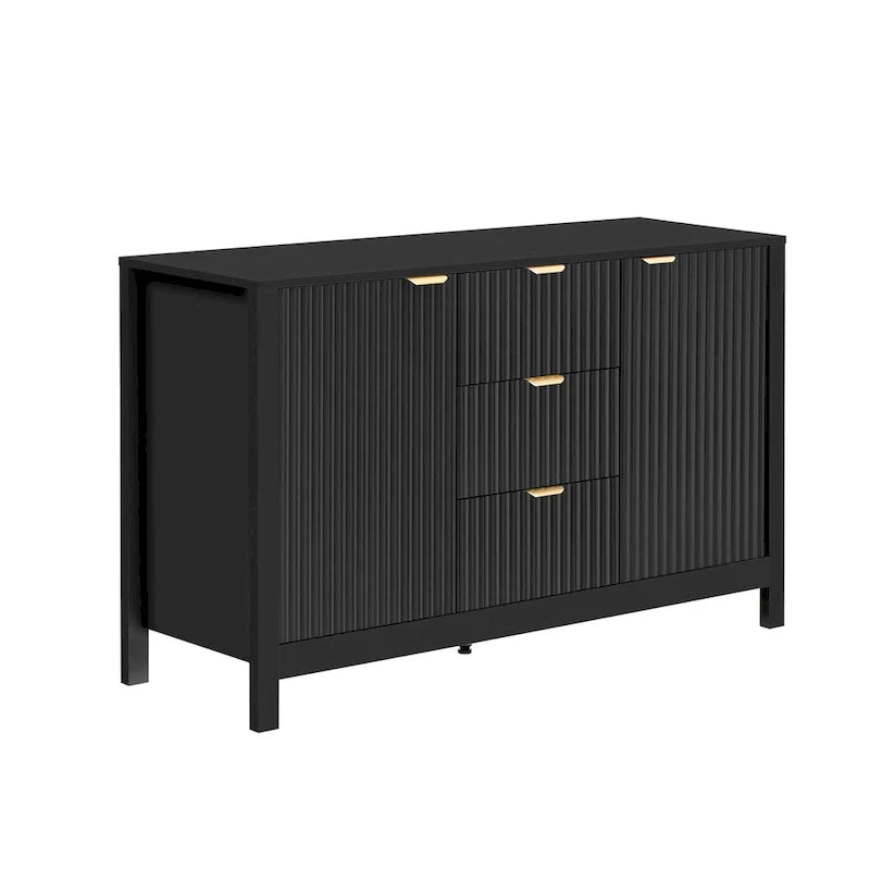 Meuble d'entrée moderne à design ondulé avec 3 étagères réglables, Console de rangement à 2 portes avec 3 tiroirs