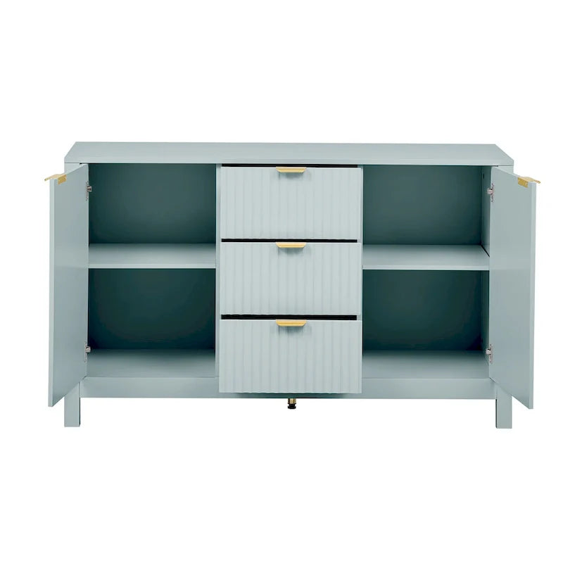 Meuble d'entrée moderne à design ondulé avec 3 étagères réglables, Console de rangement à 2 portes avec 3 tiroirs