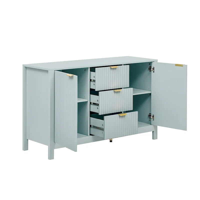Meuble d'entrée moderne à design ondulé avec 3 étagères réglables, Console de rangement à 2 portes avec 3 tiroirs