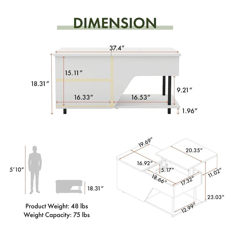 Table basse à plateau relevable moderne DH BASIC de 37 pouces avec éclairage LED 16 couleurs et étagère réglable