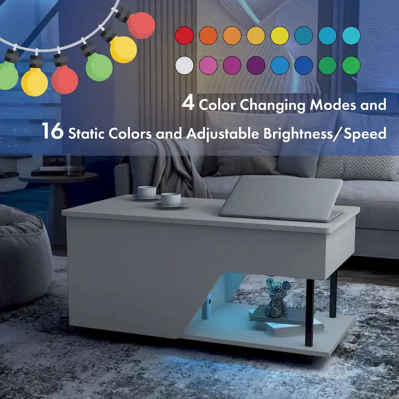 Table basse à plateau relevable moderne DH BASIC de 37 pouces avec éclairage LED 16 couleurs et étagère réglable