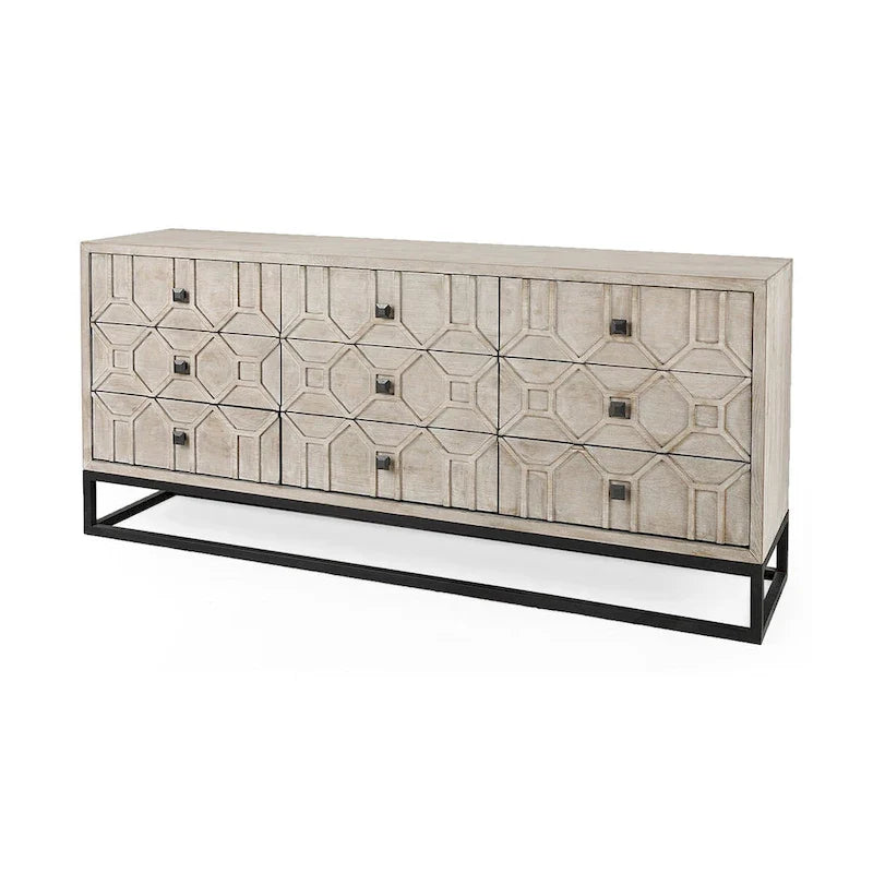 Bahut Genevieve II en placage de sapin gris avec piètement en métal doré, 9 tiroirs