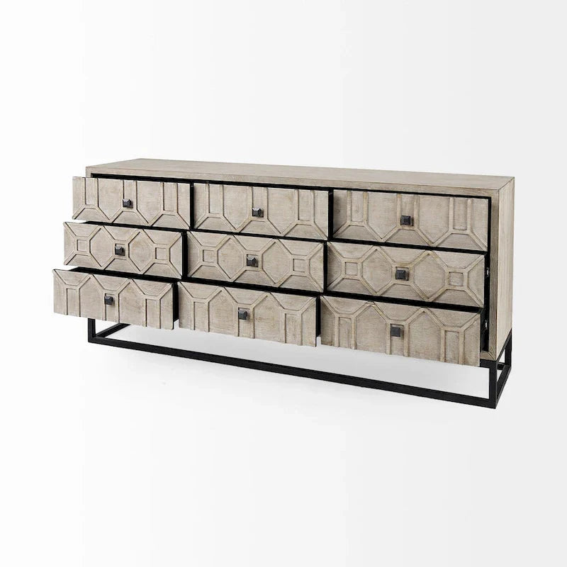 Bahut Genevieve II en placage de sapin gris avec piètement en métal doré, 9 tiroirs