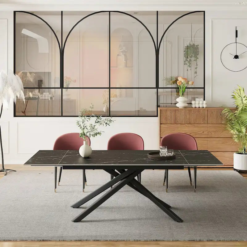 Ensemble de salle à manger rectangulaire extensible en pierre frittée à pieds croisés de 9 pièces avec 8 chaises pour la maison ou la villa