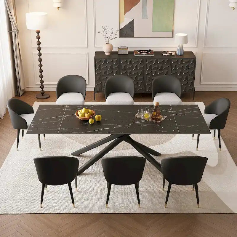 Ensemble de salle à manger rectangulaire extensible en pierre frittée à pieds croisés de 9 pièces avec 8 chaises pour la maison ou la villa