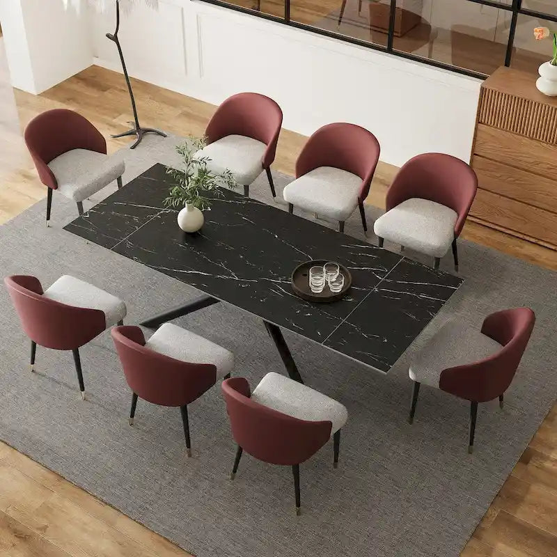 Ensemble de salle à manger rectangulaire extensible en pierre frittée à pieds croisés de 9 pièces avec 8 chaises pour la maison ou la villa