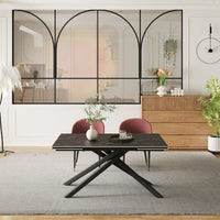 Ensemble de salle à manger rectangulaire extensible en pierre frittée à pieds croisés de 9 pièces avec 8 chaises pour la maison ou la villa