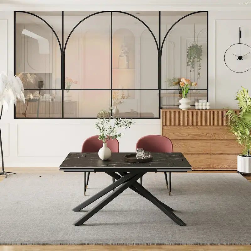 Ensemble de salle à manger rectangulaire extensible en pierre frittée à pieds croisés de 9 pièces avec 8 chaises pour la maison ou la villa