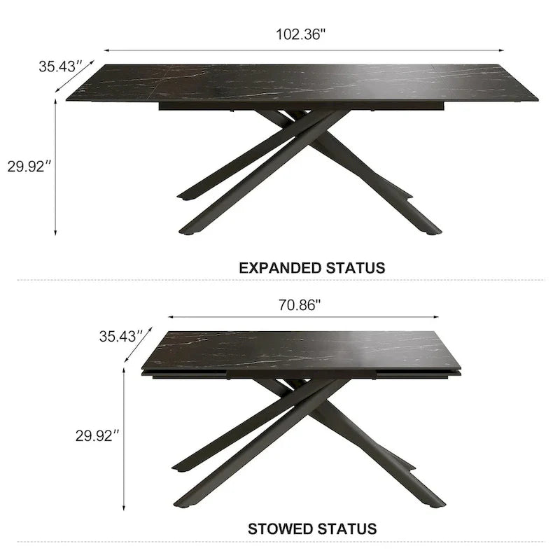 Ensemble de salle à manger rectangulaire extensible en pierre frittée à pieds croisés de 9 pièces avec 8 chaises pour la maison ou la villa