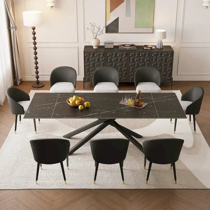 Ensemble de salle à manger rectangulaire extensible en pierre frittée à pieds croisés de 9 pièces avec 8 chaises pour la maison ou la villa