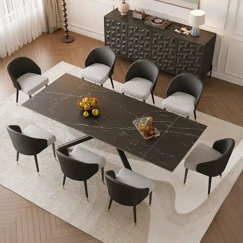 Ensemble de salle à manger rectangulaire extensible en pierre frittée à pieds croisés de 9 pièces avec 8 chaises pour la maison ou la villa
