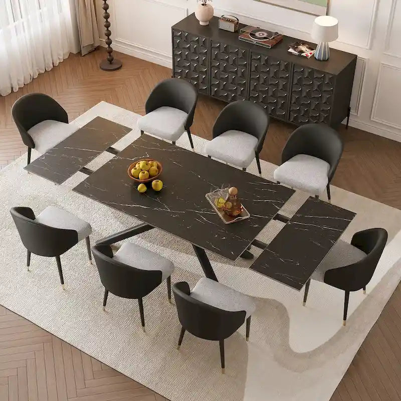 Ensemble de salle à manger rectangulaire extensible en pierre frittée à pieds croisés de 9 pièces avec 8 chaises pour la maison ou la villa