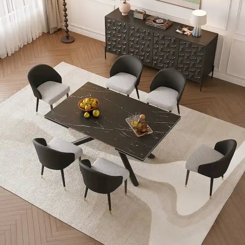 Ensemble de salle à manger rectangulaire extensible en pierre frittée à pieds croisés de 9 pièces avec 8 chaises pour la maison ou la villa