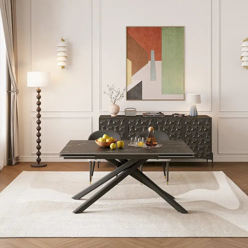 Ensemble de salle à manger rectangulaire extensible en pierre frittée à pieds croisés de 9 pièces avec 8 chaises pour la maison ou la villa