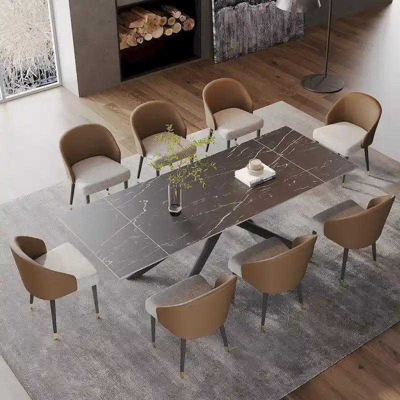 Ensemble de salle à manger rectangulaire extensible en pierre frittée à pieds croisés de 9 pièces avec 8 chaises pour la maison ou la villa