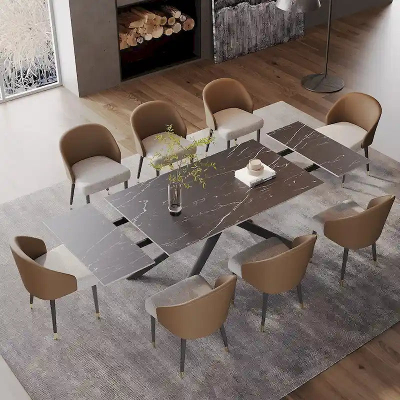 Ensemble de salle à manger rectangulaire extensible en pierre frittée à pieds croisés de 9 pièces avec 8 chaises pour la maison ou la villa