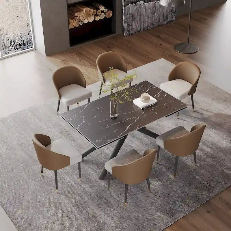 Ensemble de salle à manger rectangulaire extensible en pierre frittée à pieds croisés de 9 pièces avec 8 chaises pour la maison ou la villa