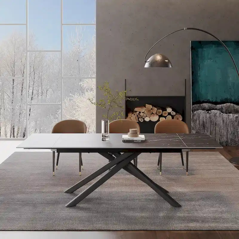 Ensemble de salle à manger rectangulaire extensible en pierre frittée à pieds croisés de 9 pièces avec 8 chaises pour la maison ou la villa