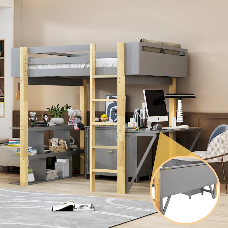 Lit mezzanine en bois avec armoire de rangement intégrée, cubes et bureau pliable