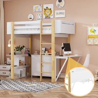 Lit mezzanine en bois avec armoire de rangement intégrée, cubes et bureau pliable