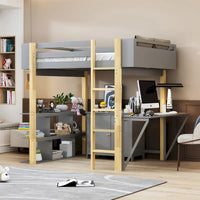 Lit mezzanine en bois avec armoire de rangement intégrée, cubes et bureau pliable