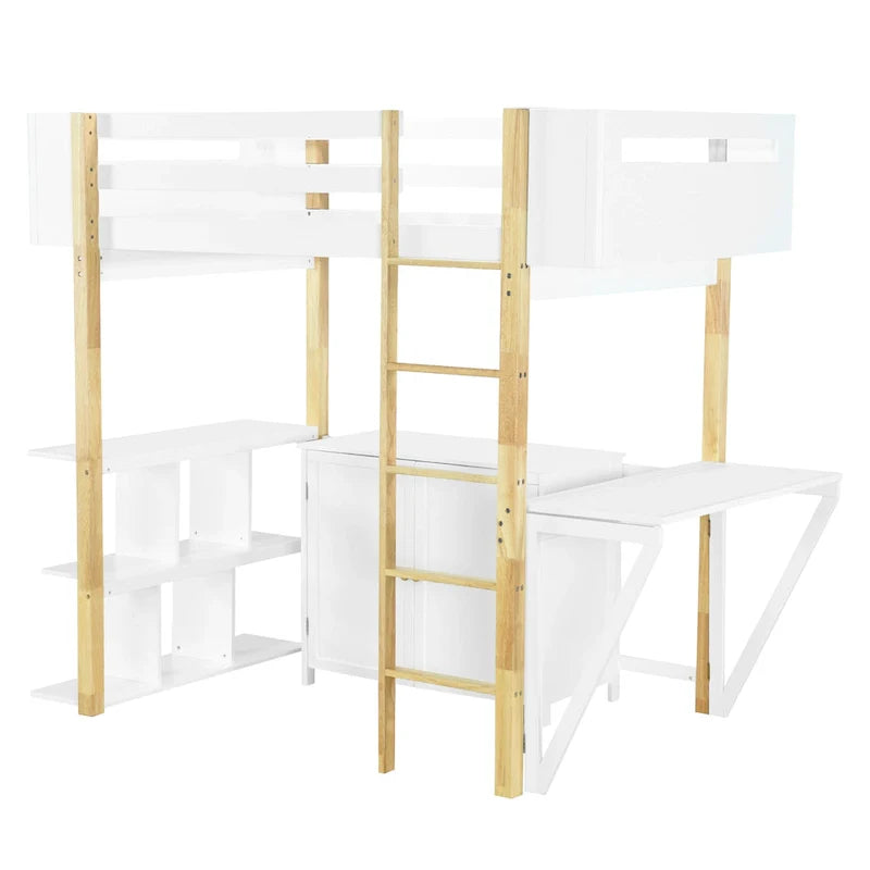 Lit mezzanine en bois avec armoire de rangement intégrée, cubes et bureau pliable