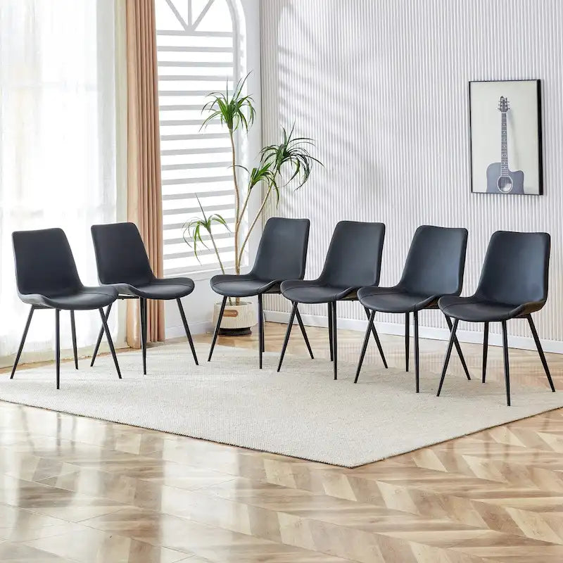 Chaise de salle à manger à coussin dossier en cuir synthétique, pieds en métal noir, coussin galbé élargi pour plus de confort (6 chaises)