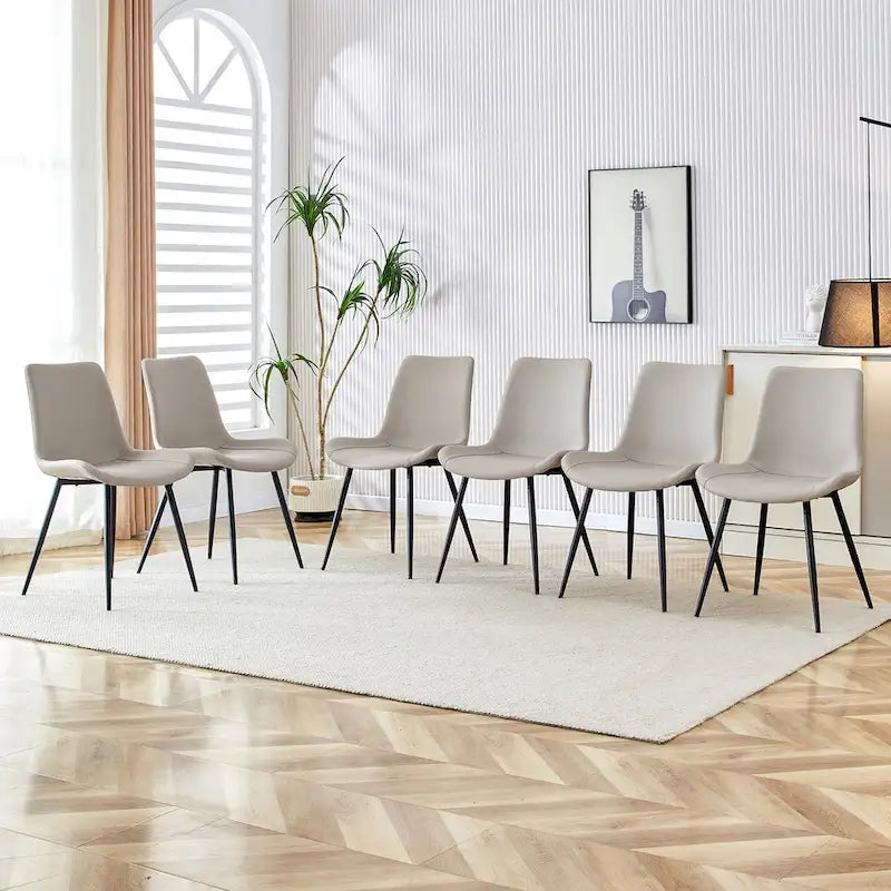 Chaise de salle à manger à coussin dossier en cuir synthétique, pieds en métal noir, coussin galbé élargi pour plus de confort (6 chaises)
