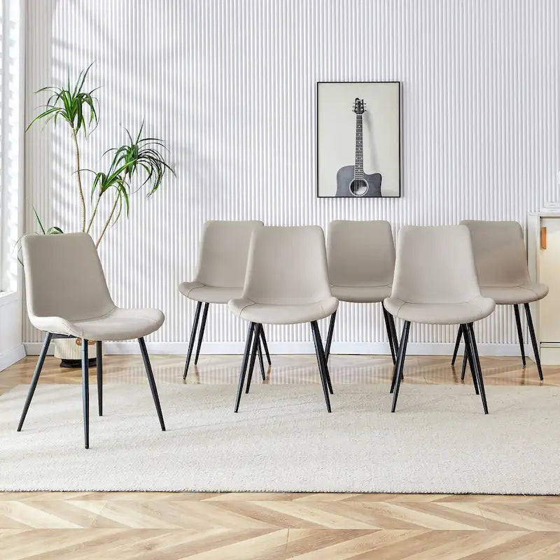Chaise de salle à manger à coussin dossier en cuir synthétique, pieds en métal noir, coussin galbé élargi pour plus de confort (6 chaises)