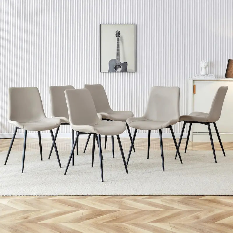 Chaise de salle à manger à coussin dossier en cuir synthétique, pieds en métal noir, coussin galbé élargi pour plus de confort (6 chaises)