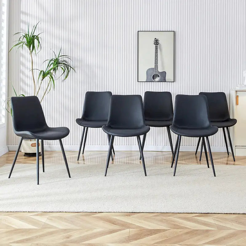 Chaise de salle à manger à coussin dossier en cuir synthétique, pieds en métal noir, coussin galbé élargi pour plus de confort (6 chaises)
