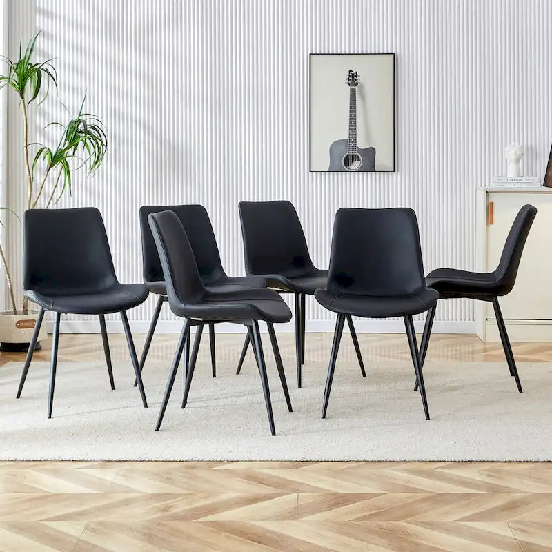 Chaise de salle à manger à coussin dossier en cuir synthétique, pieds en métal noir, coussin galbé élargi pour plus de confort (6 chaises)