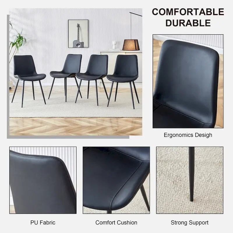 Chaise de salle à manger à coussin dossier en cuir synthétique, pieds en métal noir, coussin galbé élargi pour plus de confort (6 chaises)