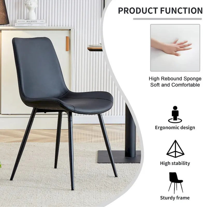 Chaise de salle à manger à coussin dossier en cuir synthétique, pieds en métal noir, coussin galbé élargi pour plus de confort (6 chaises)