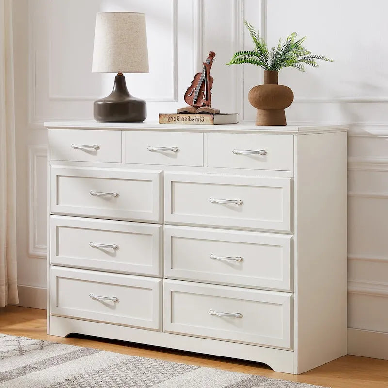 Commode de chambre à coucher, commode longue à 9 tiroirs avec poignées antiques, commode en bois pour chambre d'enfant, salon, entrée et couloir